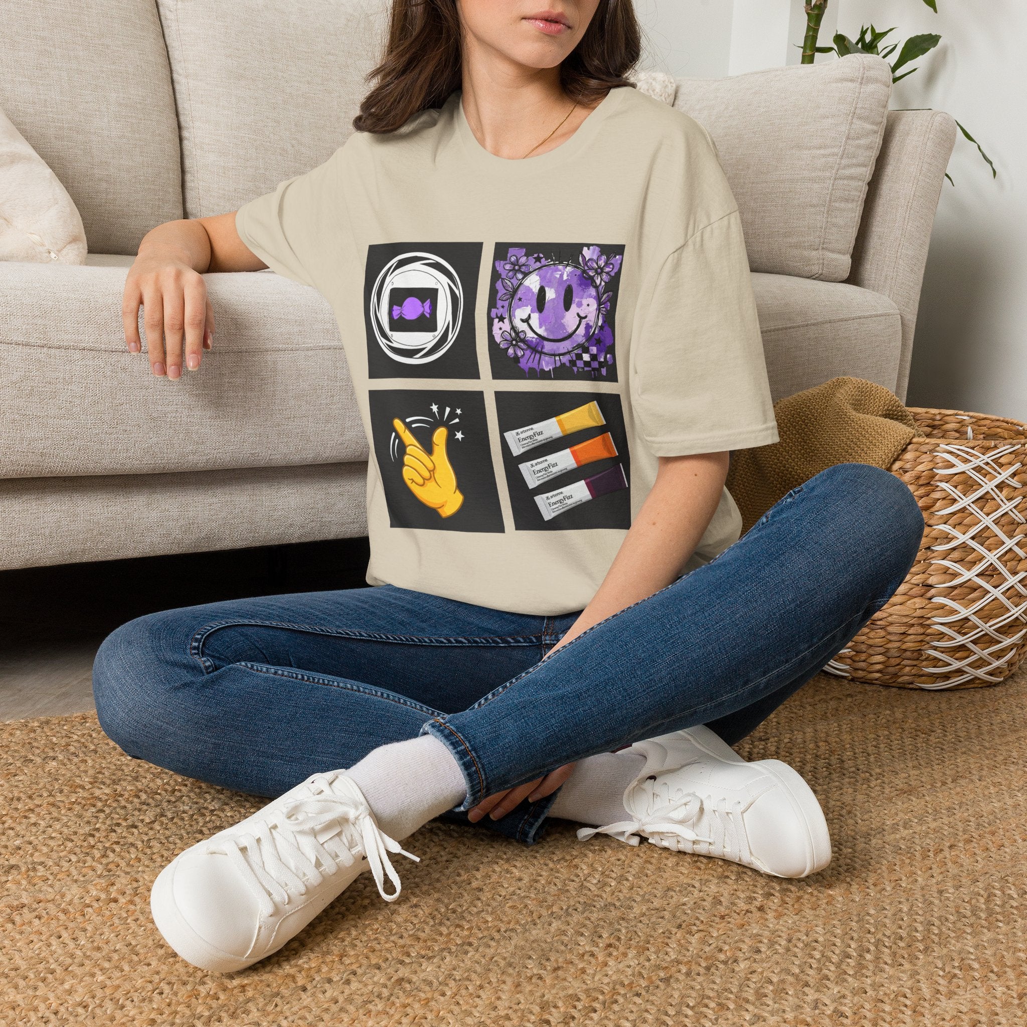 Women's Tee — Retro Purple Icons: Smiley, Peace Sign & Cassette Graphic - Midnight Eye, LLC