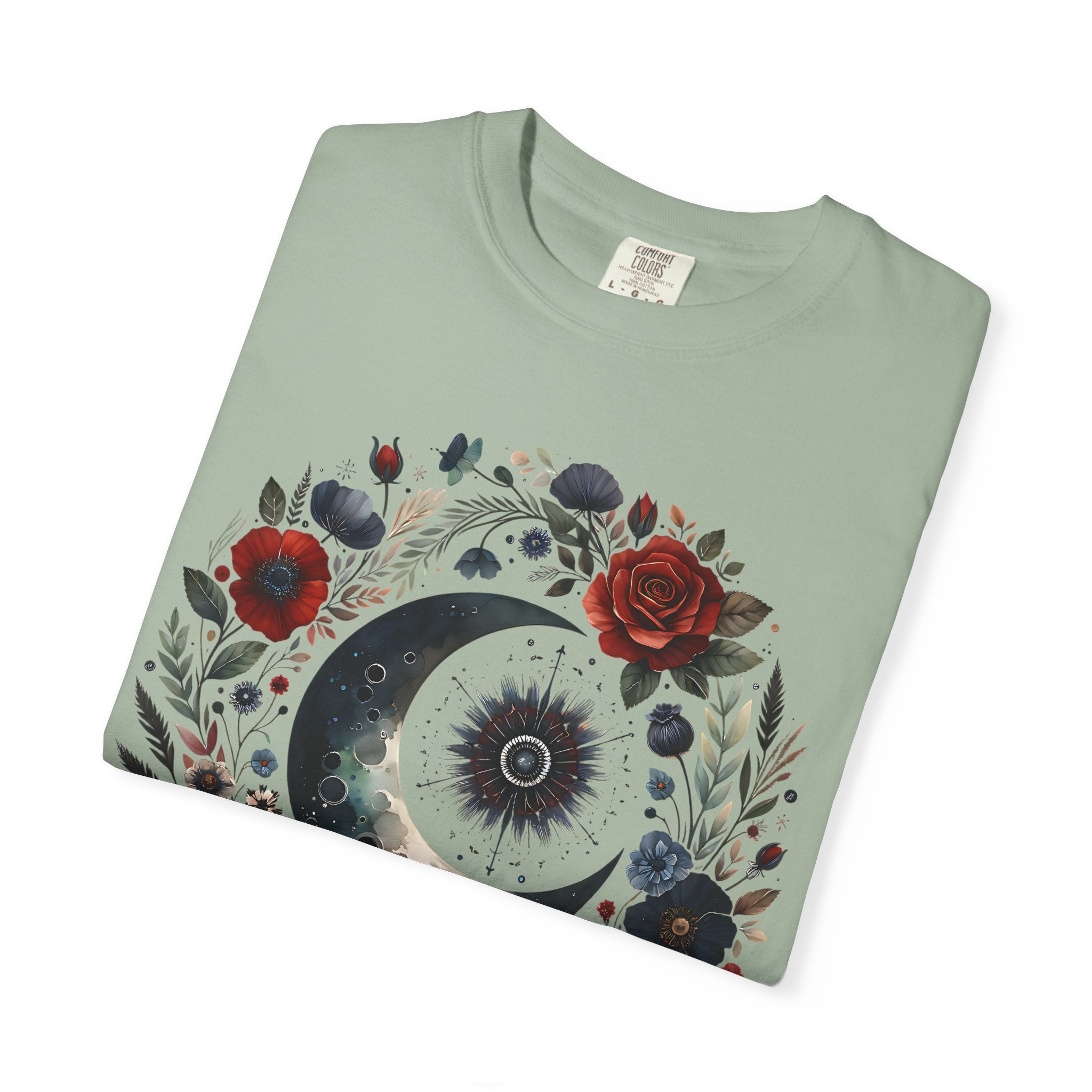 Mystical Moon T-Shirt — “Stay Mystical” Floral Crescent Tee - Dark Aesthetic T-Shirt, Mid Night Eye, LLC