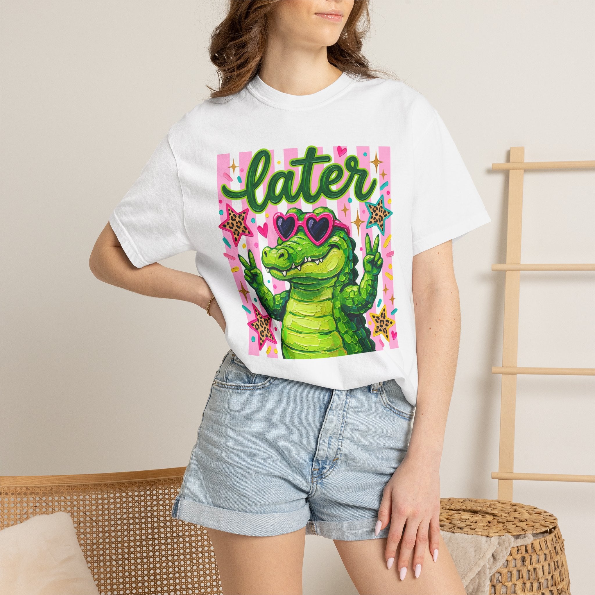 Funny Coquette Faux Brushstroke Stripped T-Shirt - Funny Alligator with Sunglasses Tee - Midnight Eye, LLC