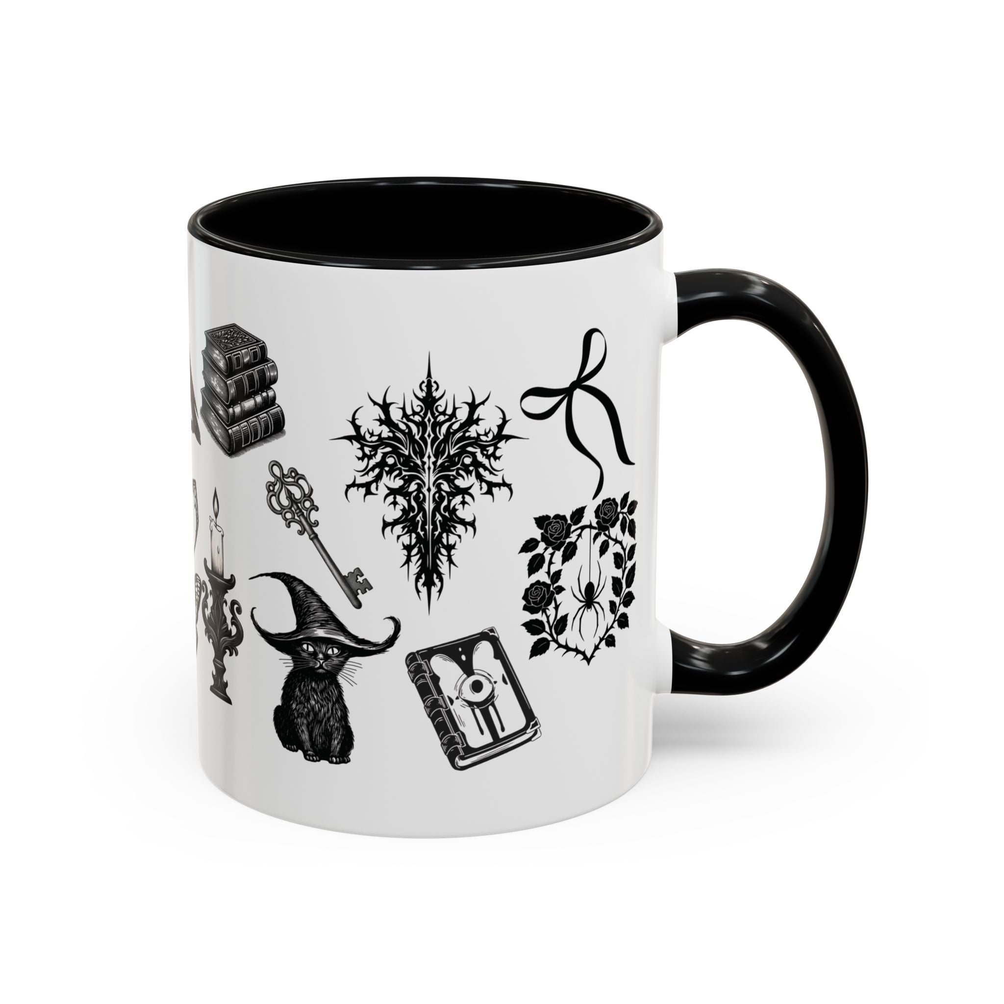 Witchcraft Pattern Coffee Mug – Gothic Raven, Broom & Potion Cup - Midnight Eye, LLC