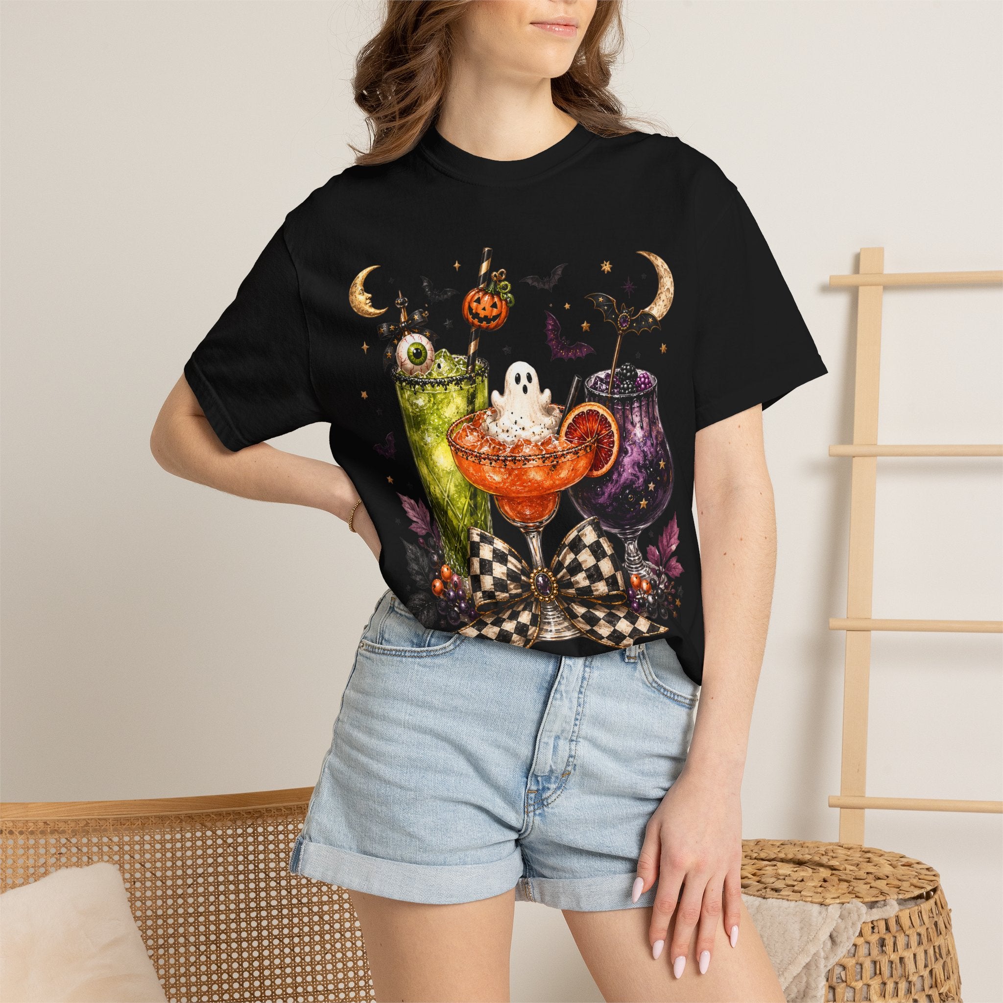 Halloween Cocktail T-Shirt — Spooky Drinks, Cute Bats & Pumpkins