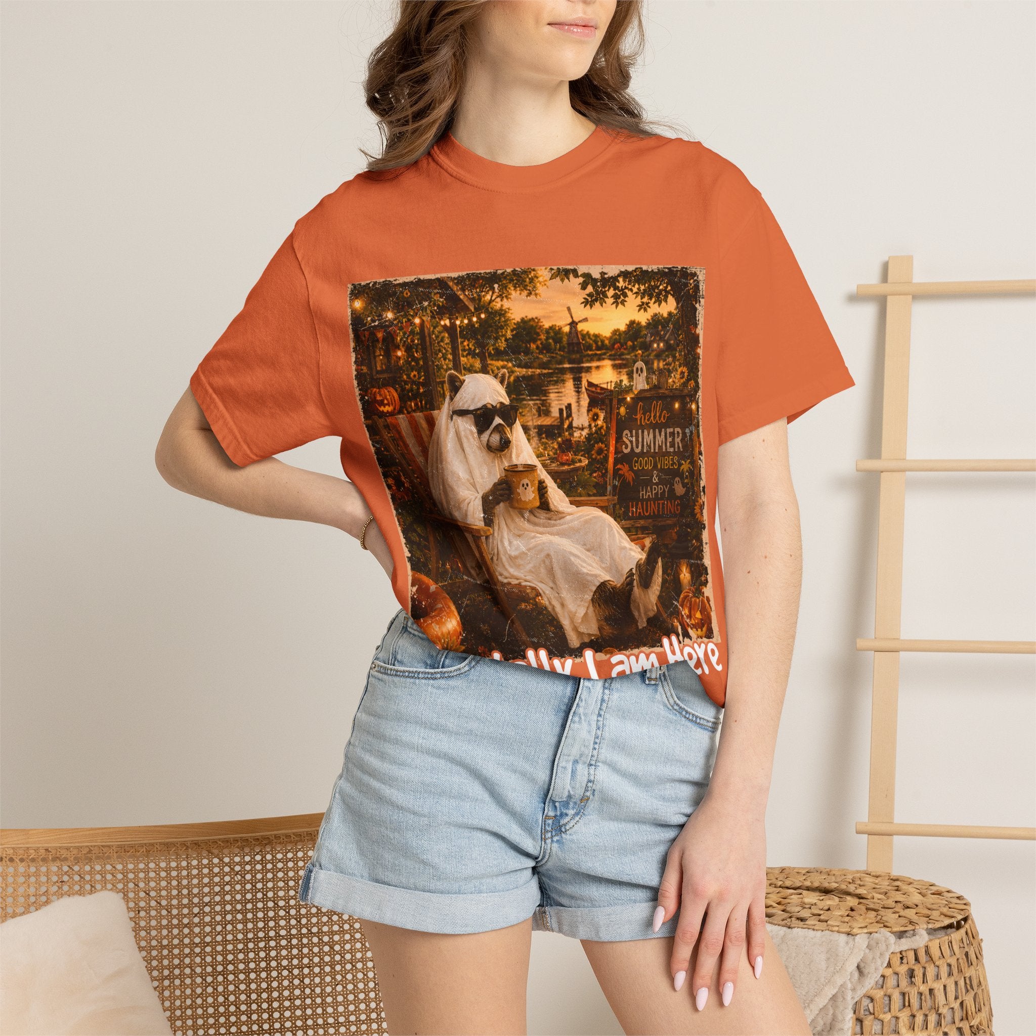 Mentally I Am Here Beach Racoon T-Shirt - Ghost Racoon Summerween Tee