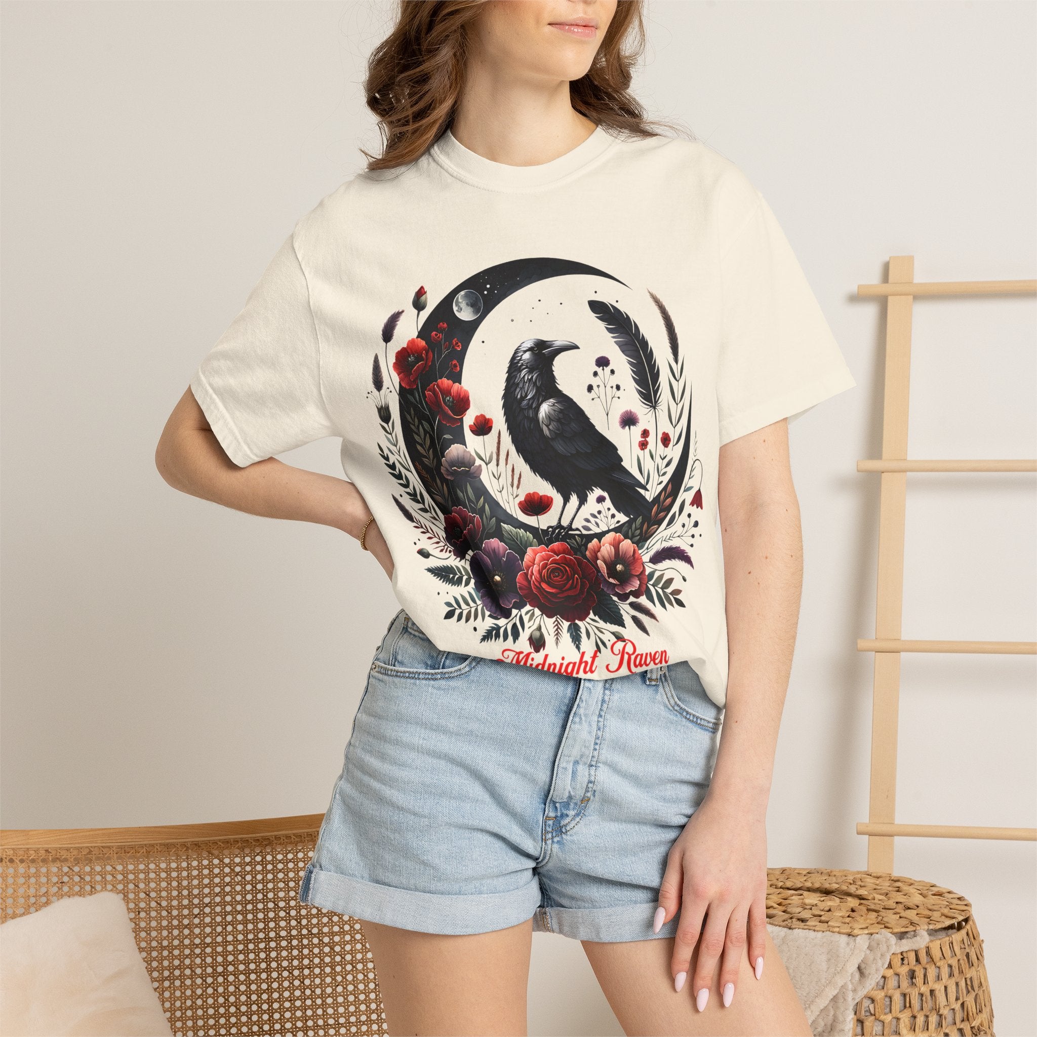 Moon Raven Floral T-Shirt — "Midnight Bloom" Graphic Tee - Mystical Moon Tee - Dark Aesthetic T-Shirt. Midnight Eye, LLC