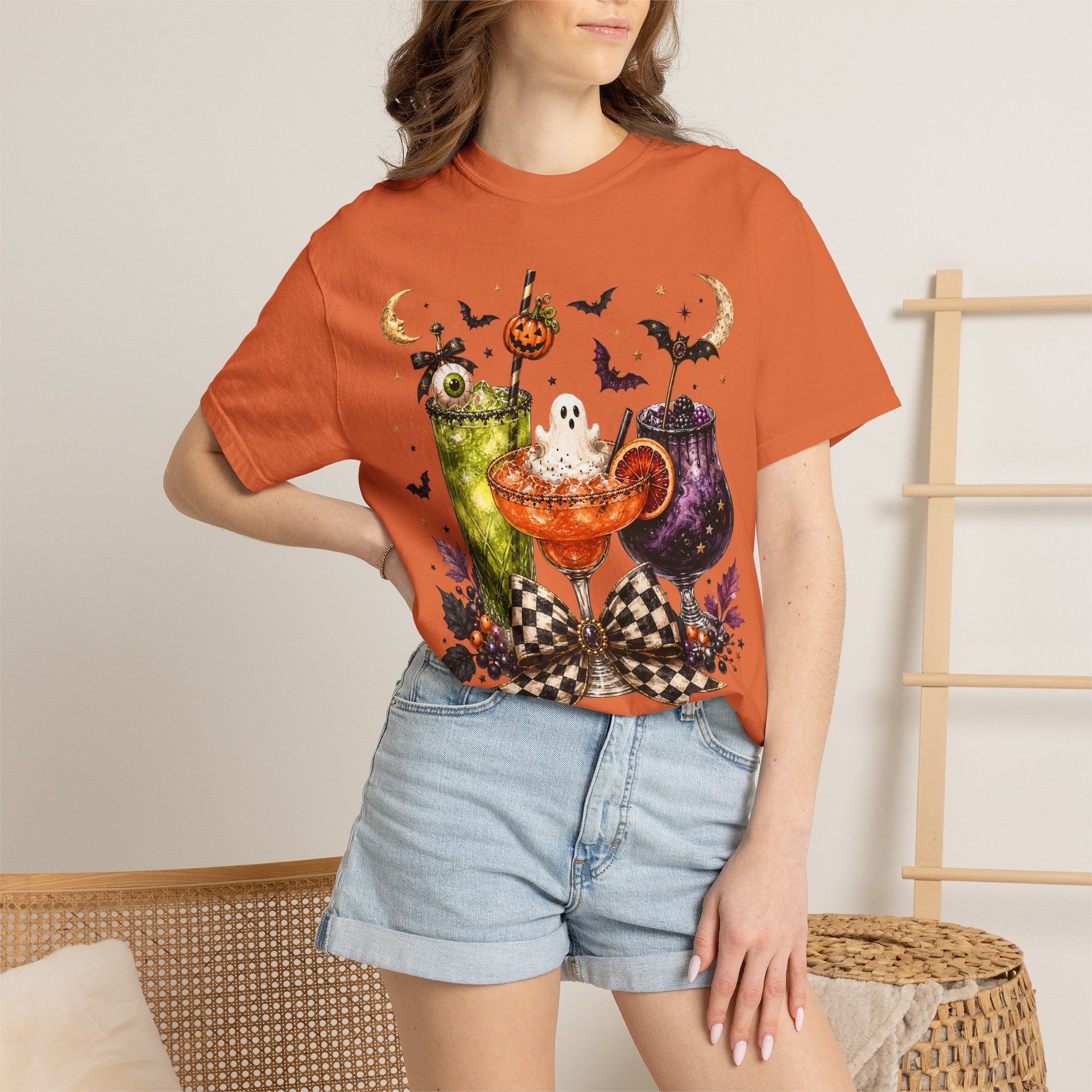 Halloween Cocktail T-Shirt — Spooky Drinks, Cute Bats & Pumpkins. Midnight Eye, LLC
