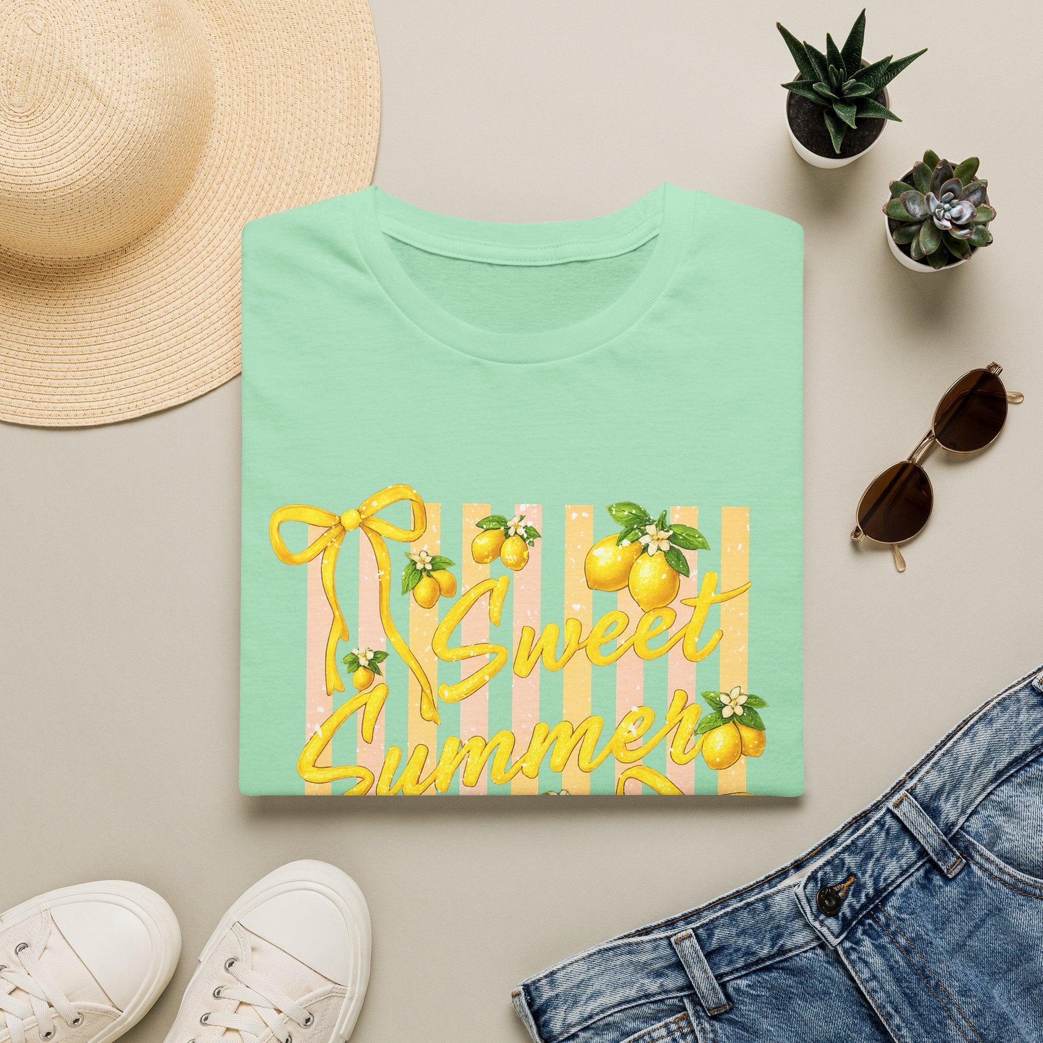 Sweet Summer Lemon Striped T-Shirt - Cute Bows Colorful Summer T-Shirt. Midnight Eye, LLC.