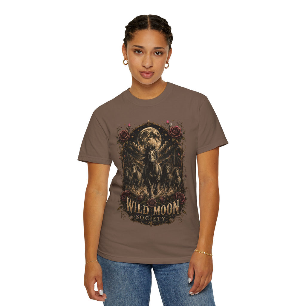 Wild Moon Society T-Shirt — Vintage Gothic Moon & Horse Graphic Tee. Midnight Eye, LLC.