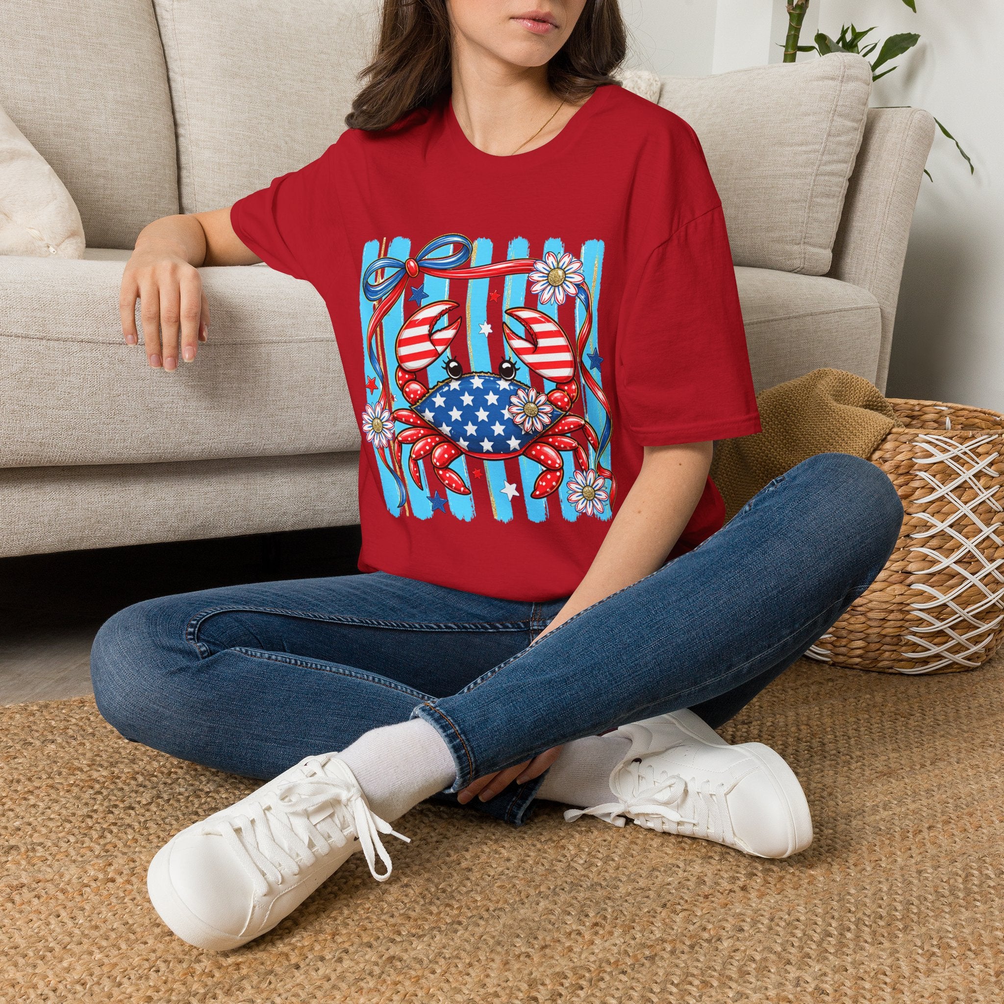 Patriotic Crab T-Shirt — American Flag Red White Blue Beach Tee Patriotic Crab T-Shirt — Preppy Cute and Funny Crab Tee. Midnight Eye, LLC.