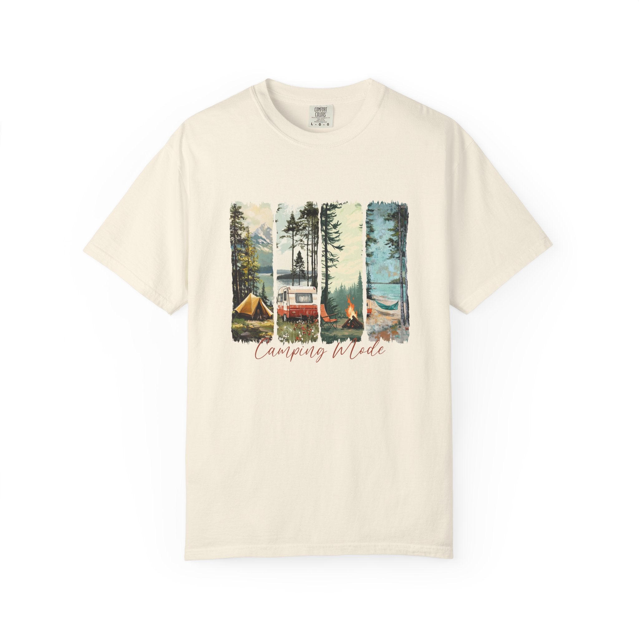Camping Vibes T-Shirt — 'Camping Mode' Scenic Camper Retro Graphic Tee - Family Adventure Tee - Outdoor Tee - Midnight Eye, LLC