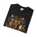Halloween Cat Bow T-Shirt — Autumn Pumpkin & Checkered Witch Boots Graphic Tee