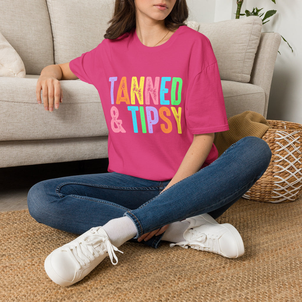 Tanned & Tipsy Beach Vacation T-Shirt - Colorful Vacation T-Shirt - Funny Summer Tee. Midnight Eye, LLC.