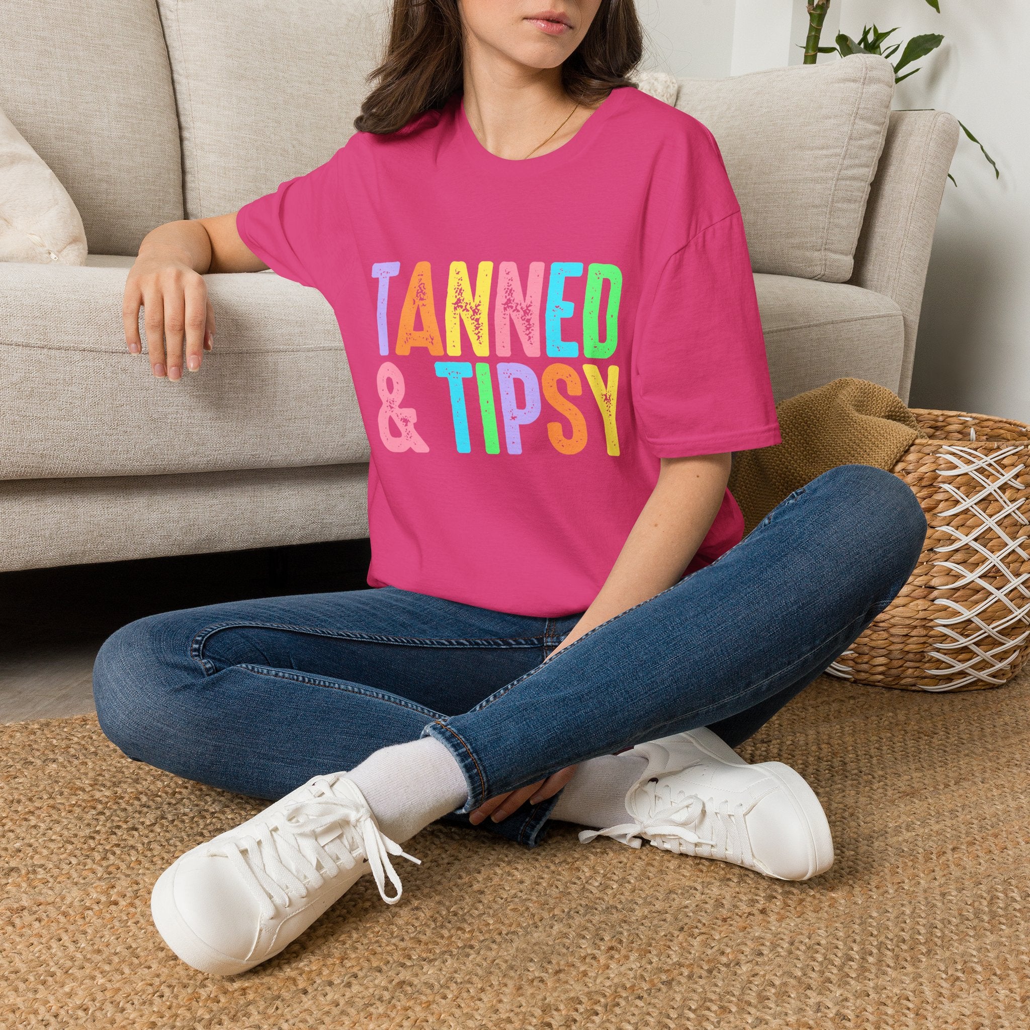 Tanned & Tipsy Beach Vacation T-Shirt - Colorful Vacation T-Shirt - Funny Summer Tee. Midnight Eye, LLC.