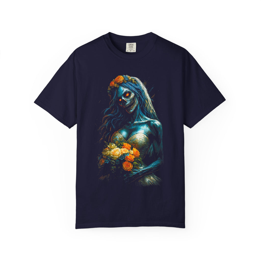 Zombie Bride Floral Skull T-Shirt — Gothic Halloween Horror Tee