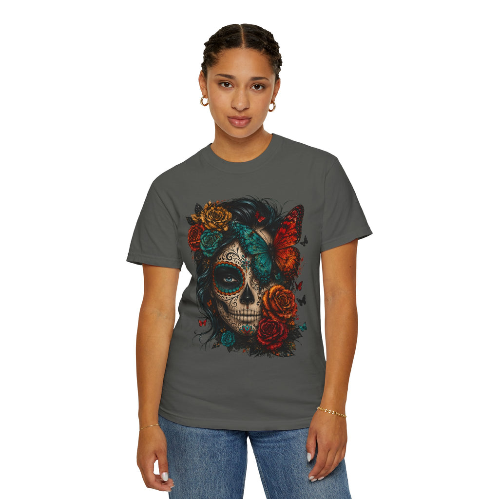 Day of the Dead Sugar Skull T-Shirt — Floral Calavera Graphic Tee. Midnight Eye, LLC.