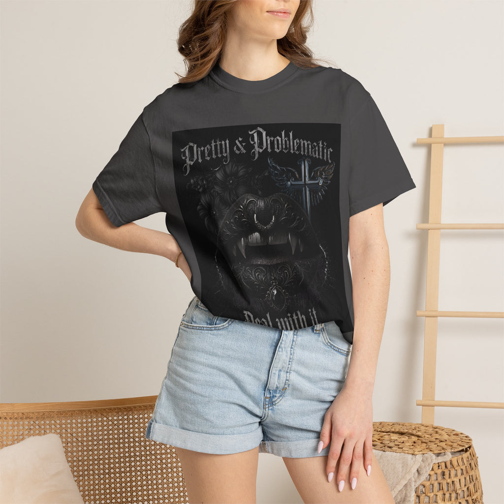 Pretty & Problematic Graphic T‑Shirt — 'Deal With It' Gothic Lips and Fangs Design. Midnight Eye, LLC
