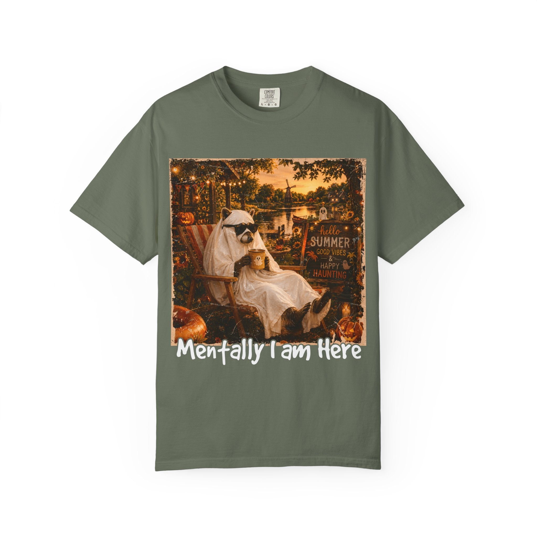 Mentally I Am Here Beach Racoon T-Shirt - Ghost Racoon Summerween Tee