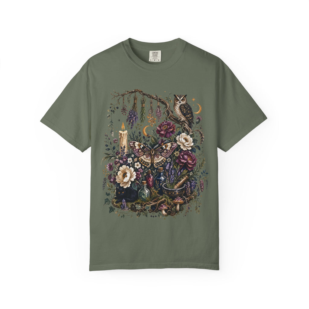 Mystical Forest Owl T-Shirt — Botanical Witchy Moonlight Art Tee, Midnight Eye, LLC