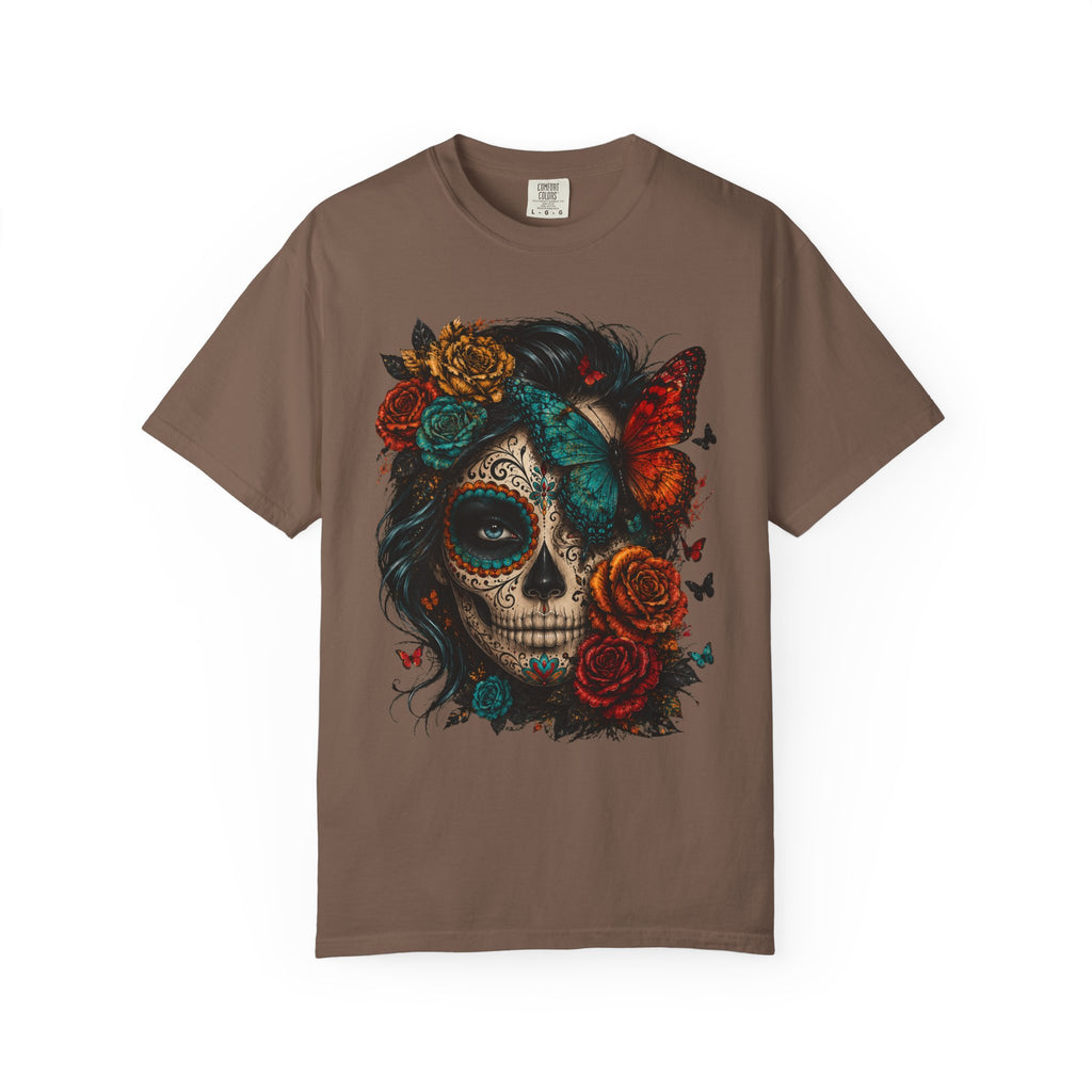 Day of the Dead Sugar Skull T-Shirt — Floral Calavera Graphic Tee. Midnight Eye, LLC.