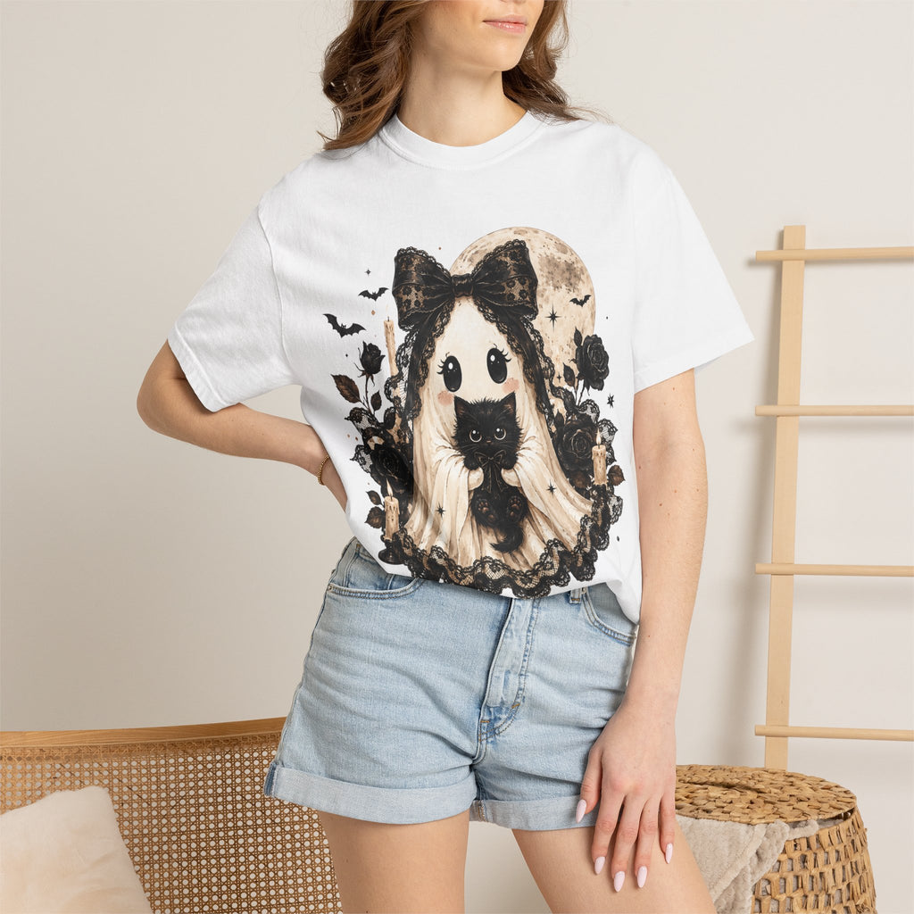 Halloween Gothic Girl Ghost with Black Cat T-Shirt - Whimsy Goth Halloween Tee