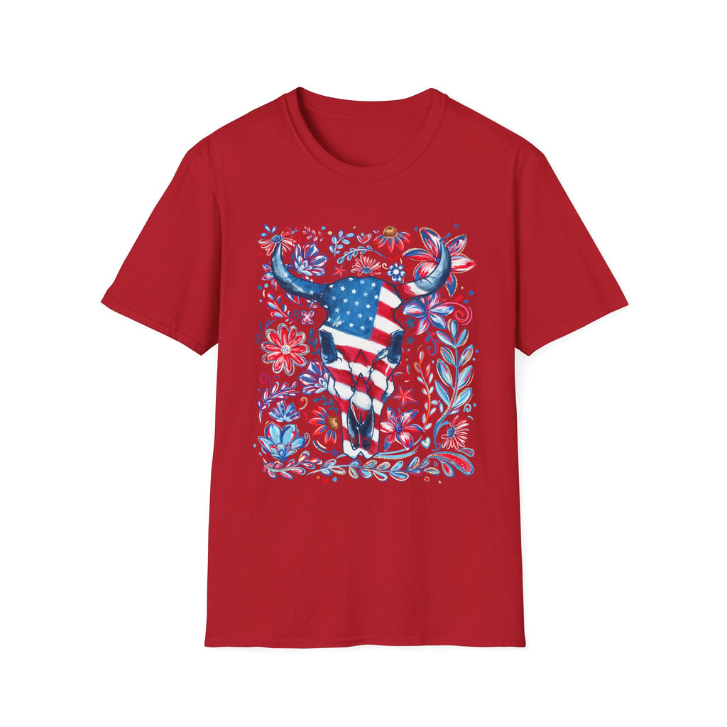 American Flag Longhorn T-Shirt — Patriotic Western Bull Tee for 4th of July - Midnight Eye, LLC