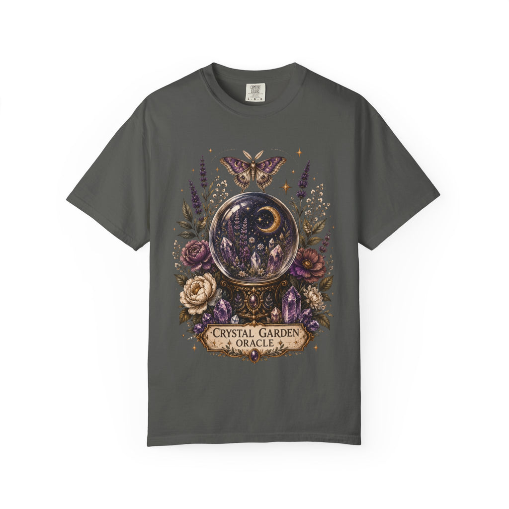 Crystal Garden Oracle T-Shirt — Mystical Moon & Crystal Ball Graphic Tee. Midnight Eye, LLC