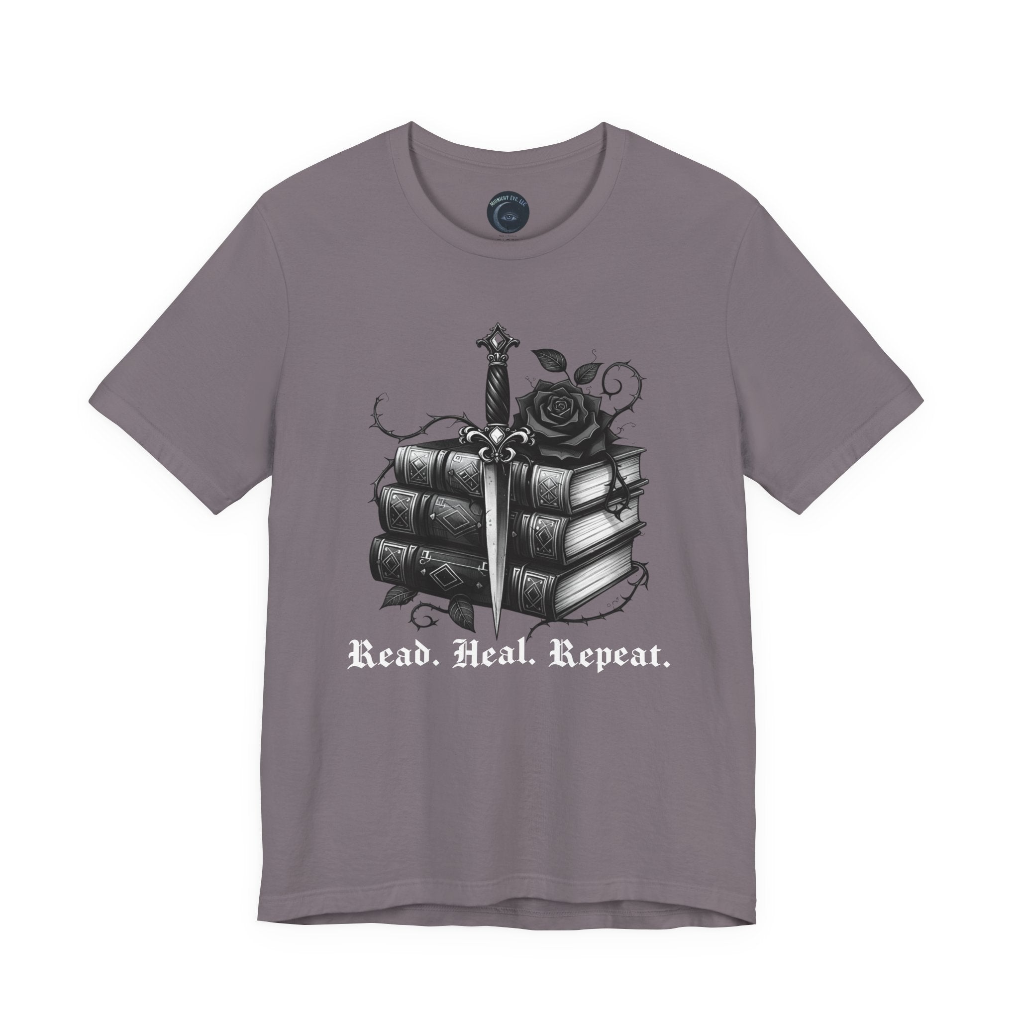 Read. Heal. Repeat. Gothic Book, Rose & Dagger T-Shirt. Books Tee. Midnight Eye, LLC.