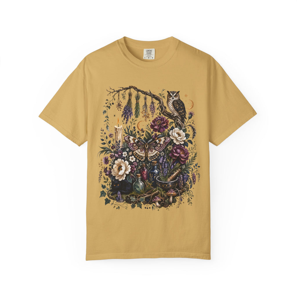 Mystical Forest Owl T-Shirt — Botanical Witchy Moonlight Art Tee, Midnight Eye, LLC