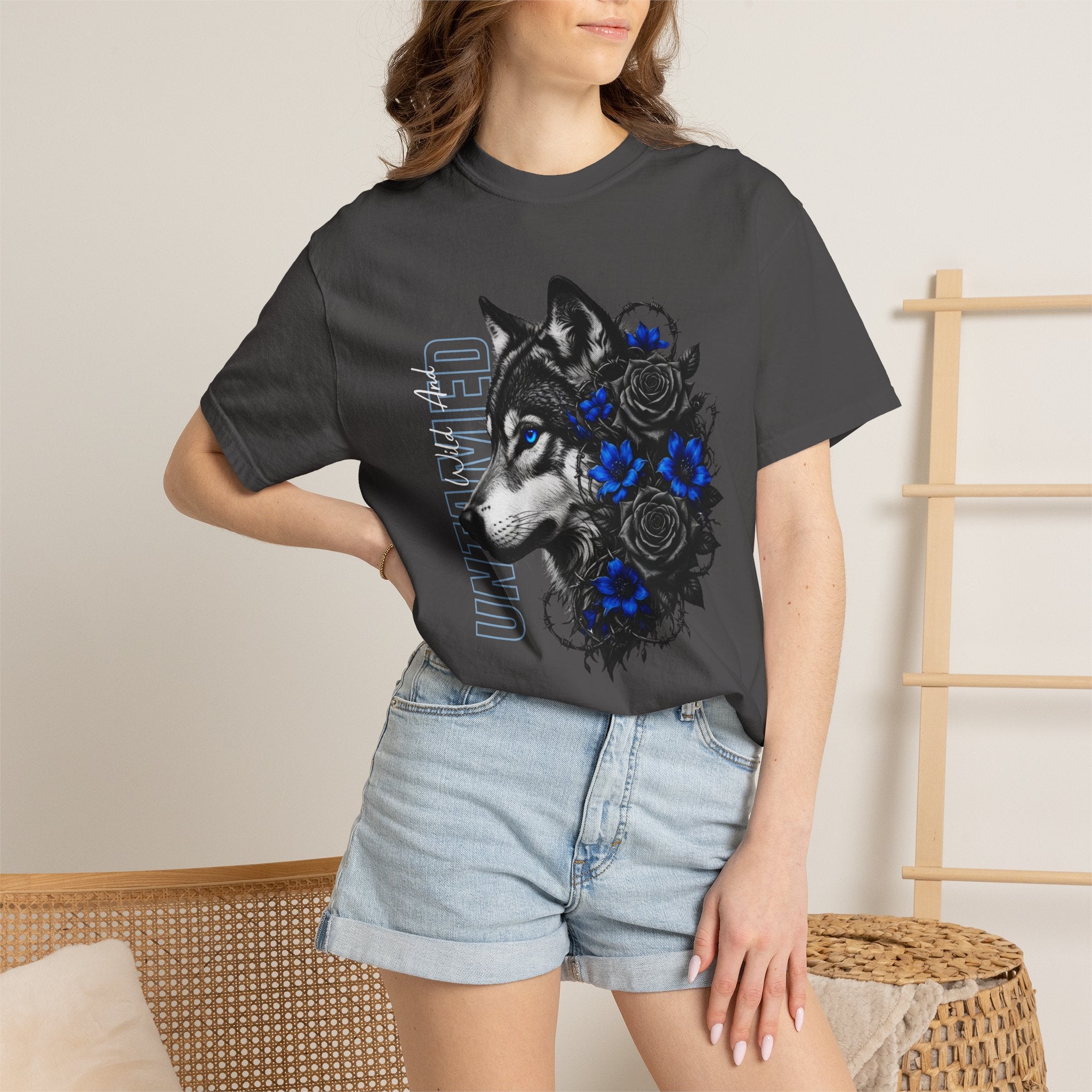 Wolf Floral T-Shirt — "Untamed" Graphic Tee with Blue & Black Roses