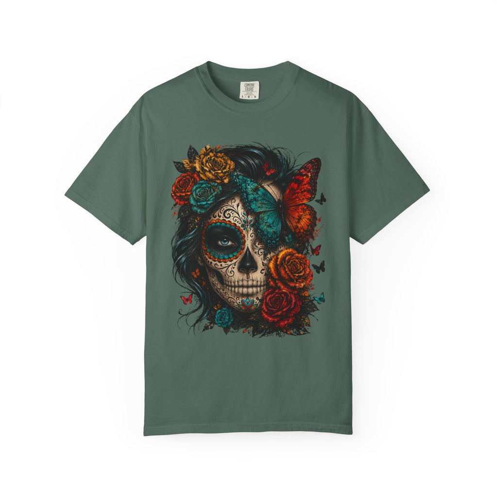 Day of the Dead Sugar Skull T-Shirt — Floral Calavera Graphic Tee. Midnight Eye, LLC.
