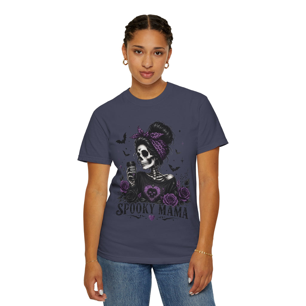 Spooky Mama T-Shirt — Gothic Skull  and Bats Mom Tee with Purple Roses. Midnight Eye, LLC. 