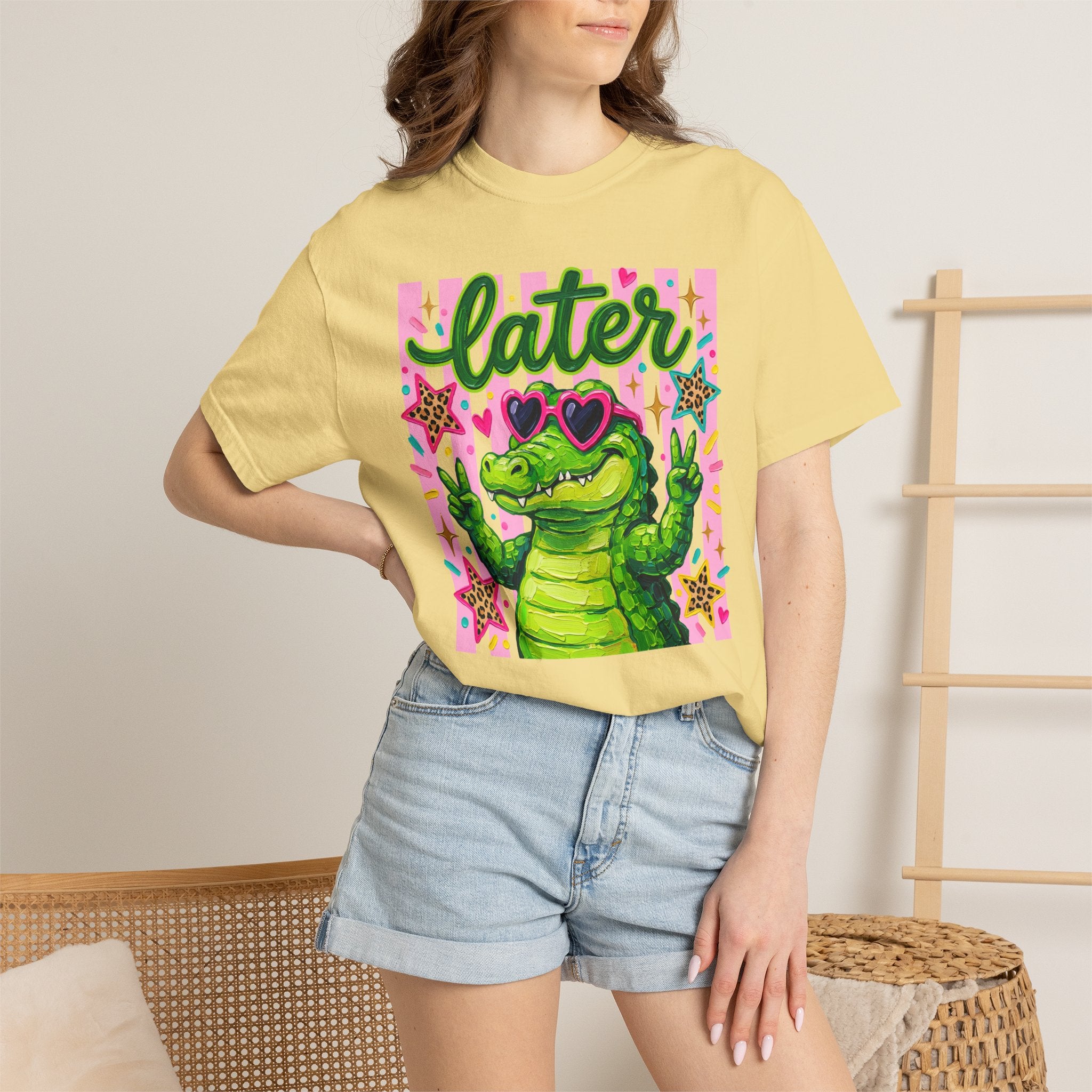 Funny Coquette Faux Brushstroke Stripped T-Shirt - Funny Alligator with Sunglasses Tee - Midnight Eye, LLC