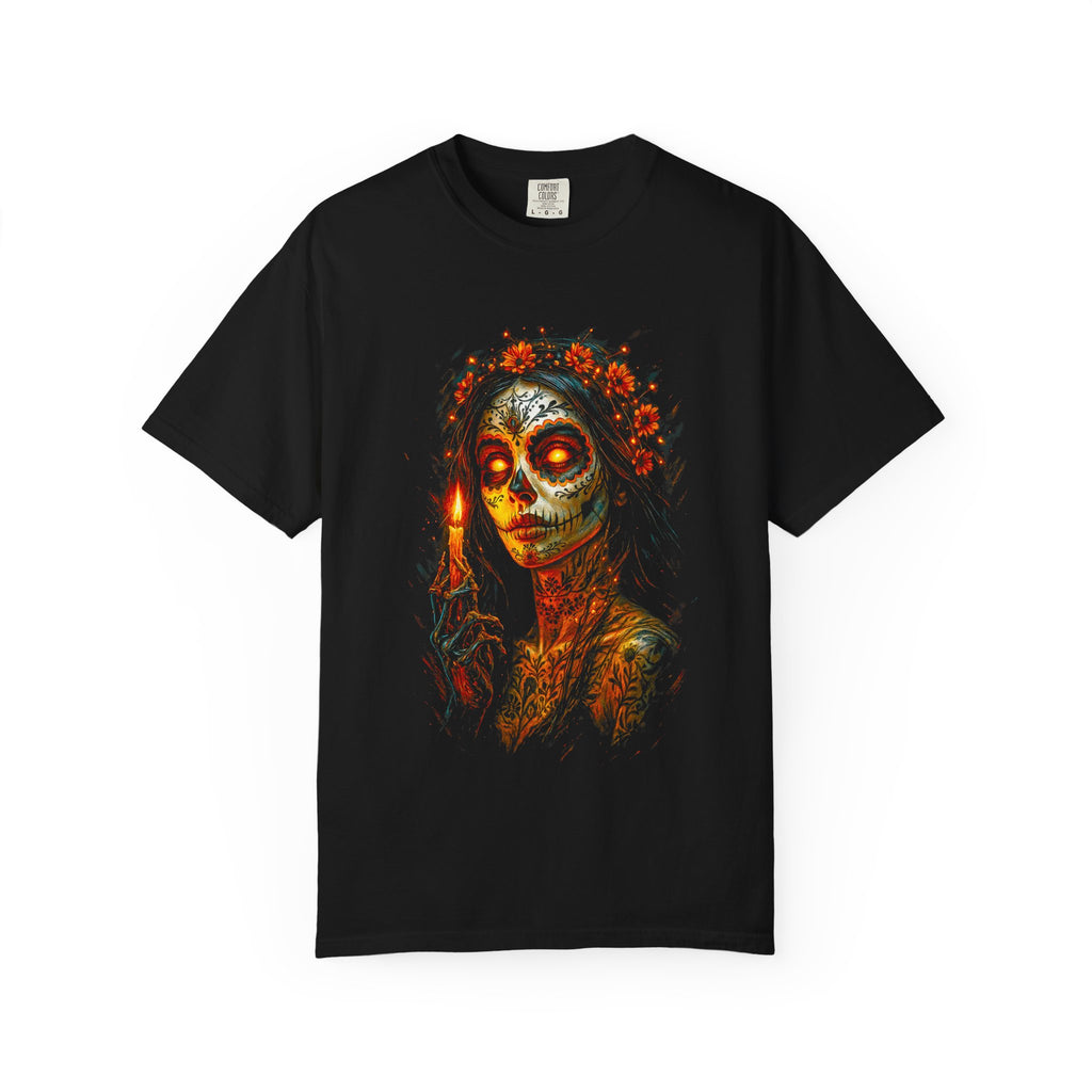 Day of the Dead Skull Catrina Graphic T-Shirt — Sugar Skull Candle Design. Midnight Eye, LLC