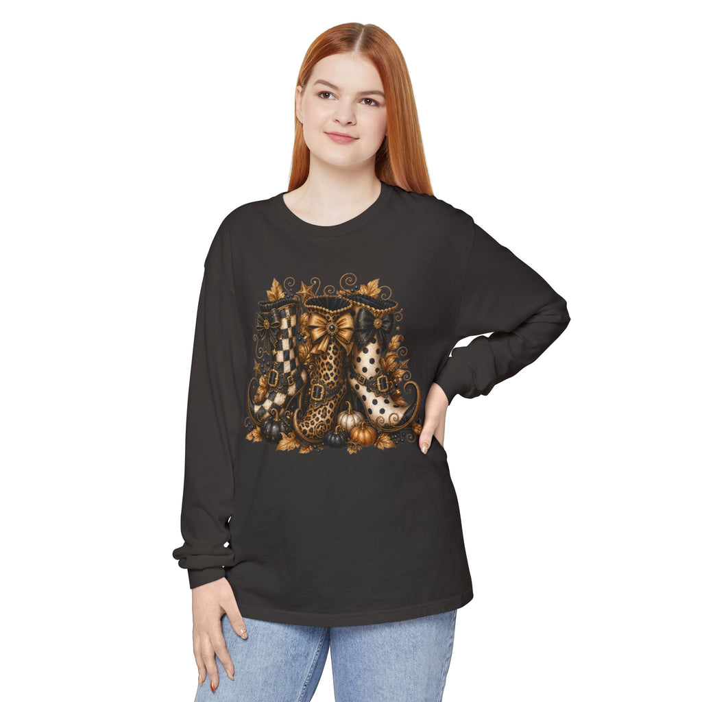 Halloween Witch Boots Long Sleeve T-Shirt — Vintage Spooky Pumpkin & Bows. Midnight Eye, LLC