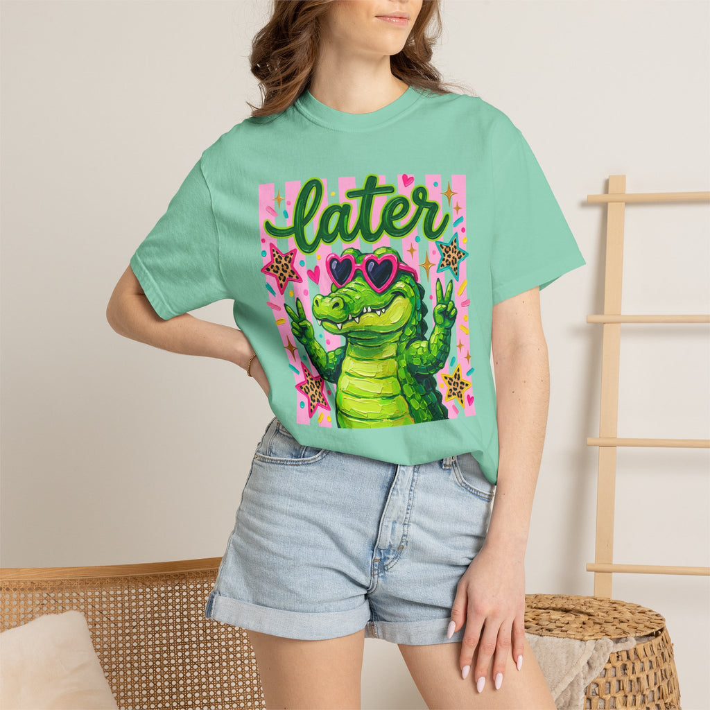 Funny Coquette Faux Brushstroke Stripped T-Shirt - Funny Alligator with Sunglasses Tee - Midnight Eye, LLC