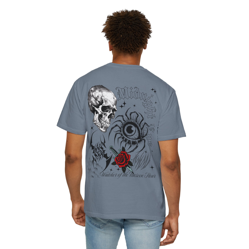 Graphic Skull & Red Rose Gothic T‑Shirt - Edgy Streetwear T-Shirt - Vintage Tee - Dark Aesthetic Tee - Midnight Eye, LLC