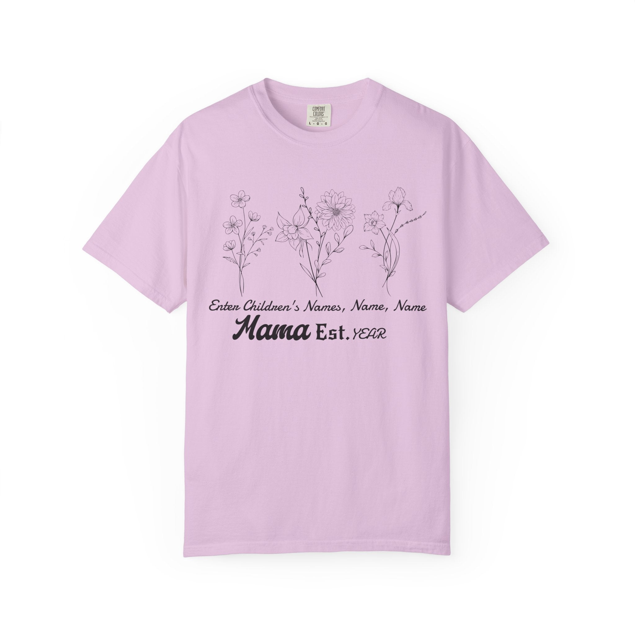 Mama Est. Personalized Floral T-Shirt — Child Name & Birth Year Tee