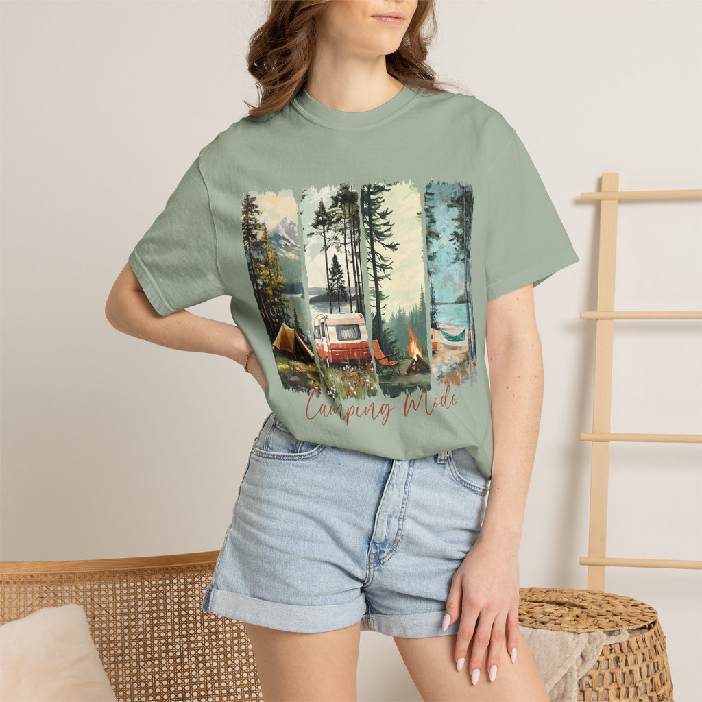 Camping Vibes T-Shirt — 'Camping Mode' Scenic Camper Retro Graphic Tee - Family Adventure Tee - Outdoor Tee. Midnight Eye, LLC
