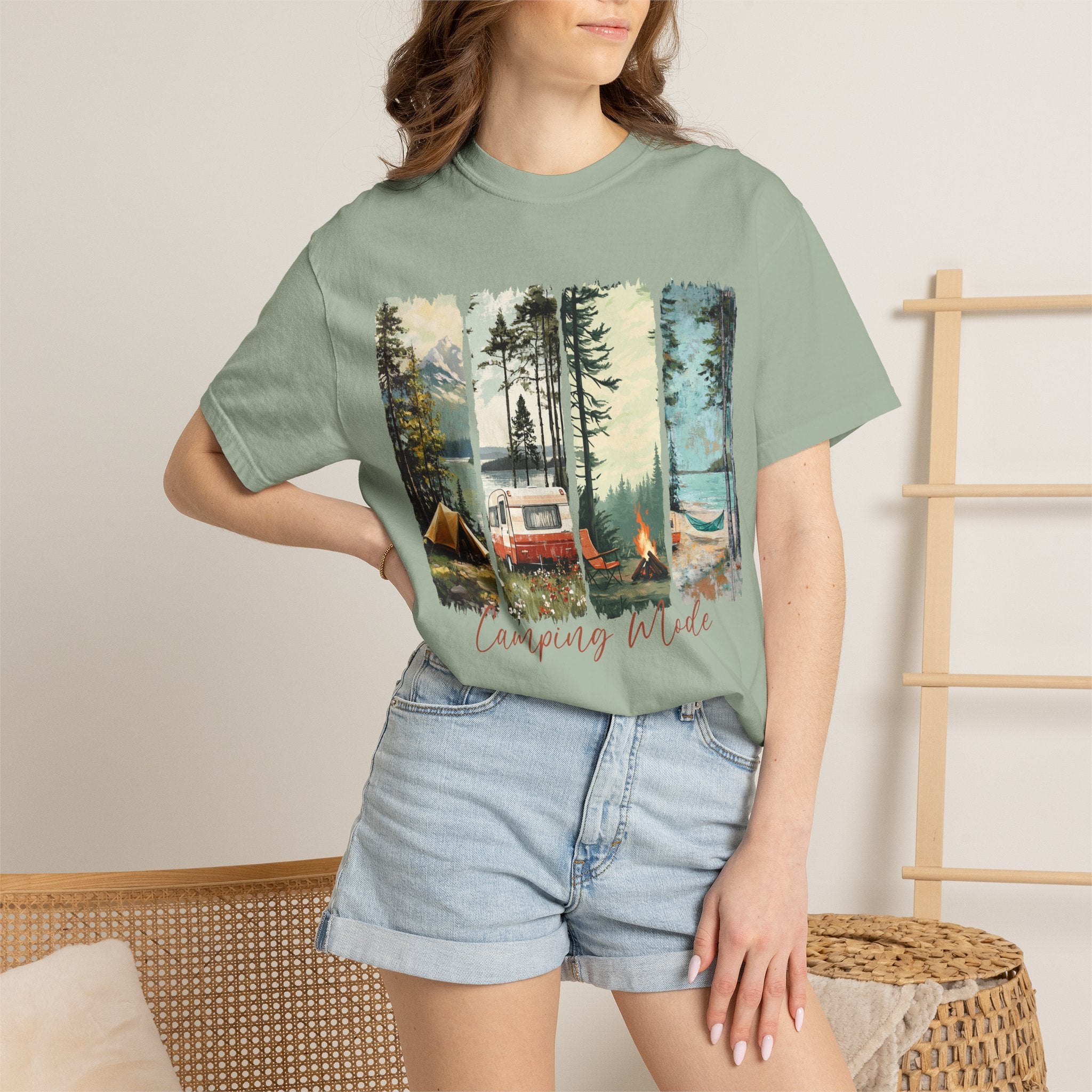 Camping Vibes T-Shirt — 'Camping Mode' Scenic Camper Retro Graphic Tee - Family Adventure Tee - Outdoor Tee. Midnight Eye, LLC