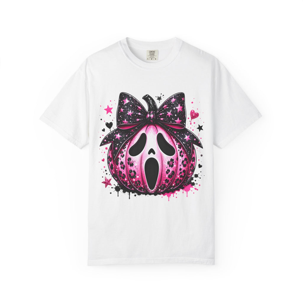 Ghost Face Pumpkin T‑Shirt — Cute Pink Halloween Tee. Midnight Eye, LLC
