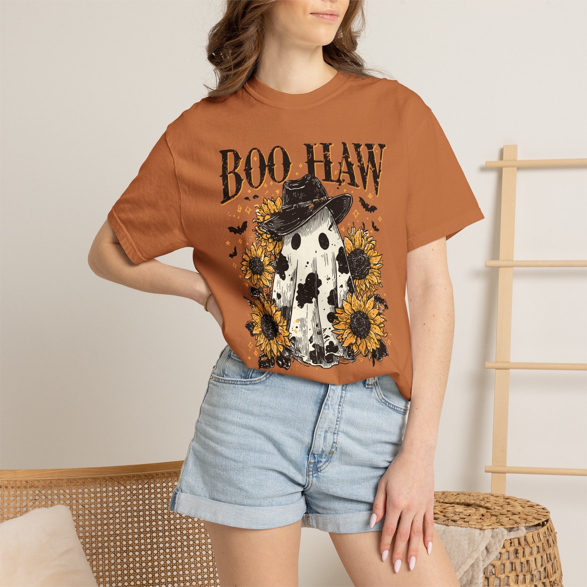 Boo Haw T-Shirt — Halloween Ghost with Cowboy Hat & Sunflowers. Midnight Eye, LLC
