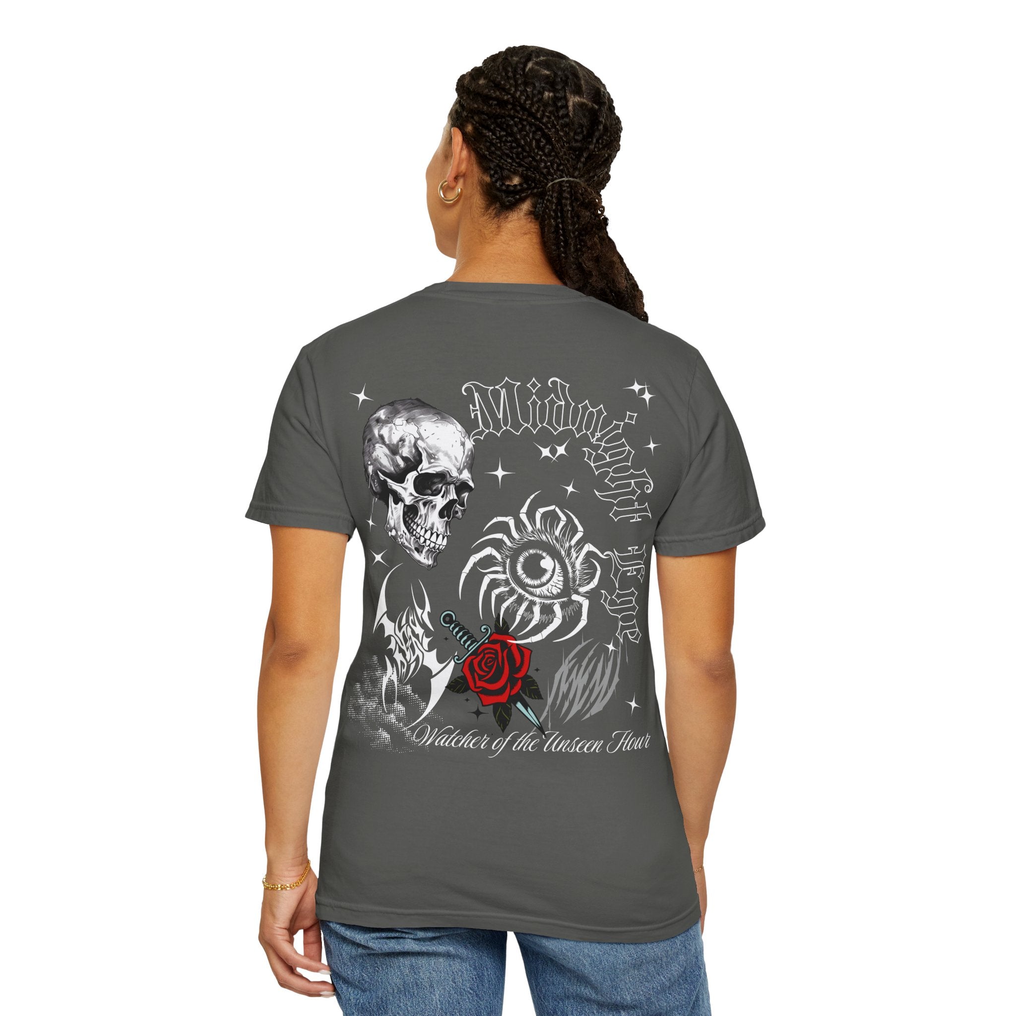 Skull & Red Rose Graphic T-Shirt — Midnight Rose Back Print - Eye T-Shirt - Mystical Tee - Dark Aesthetic Tee - Midnight Eye, LLC