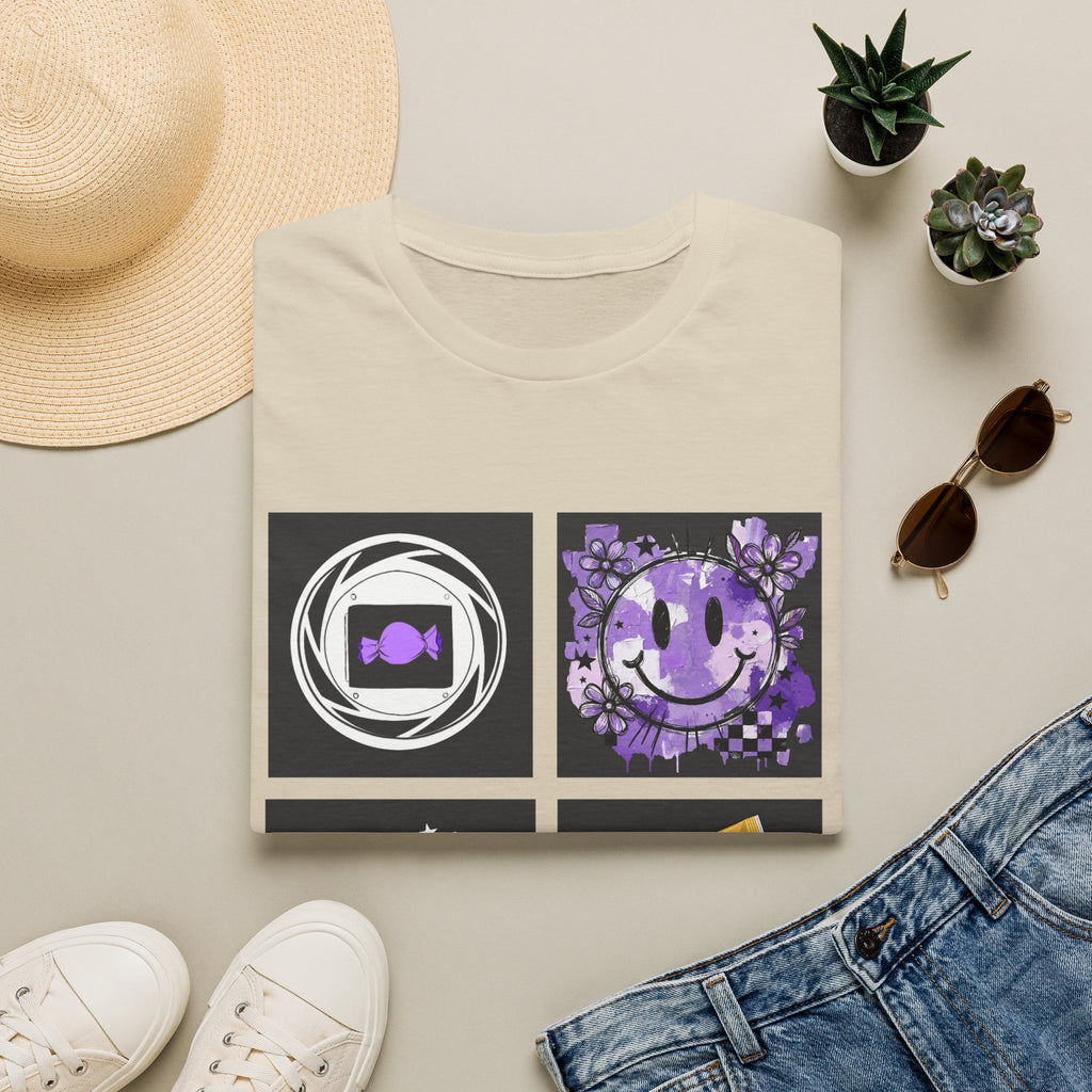 Women's Tee — Retro Purple Icons: Smiley, Peace Sign & Cassette Graphic - Midnight Eye, LLC