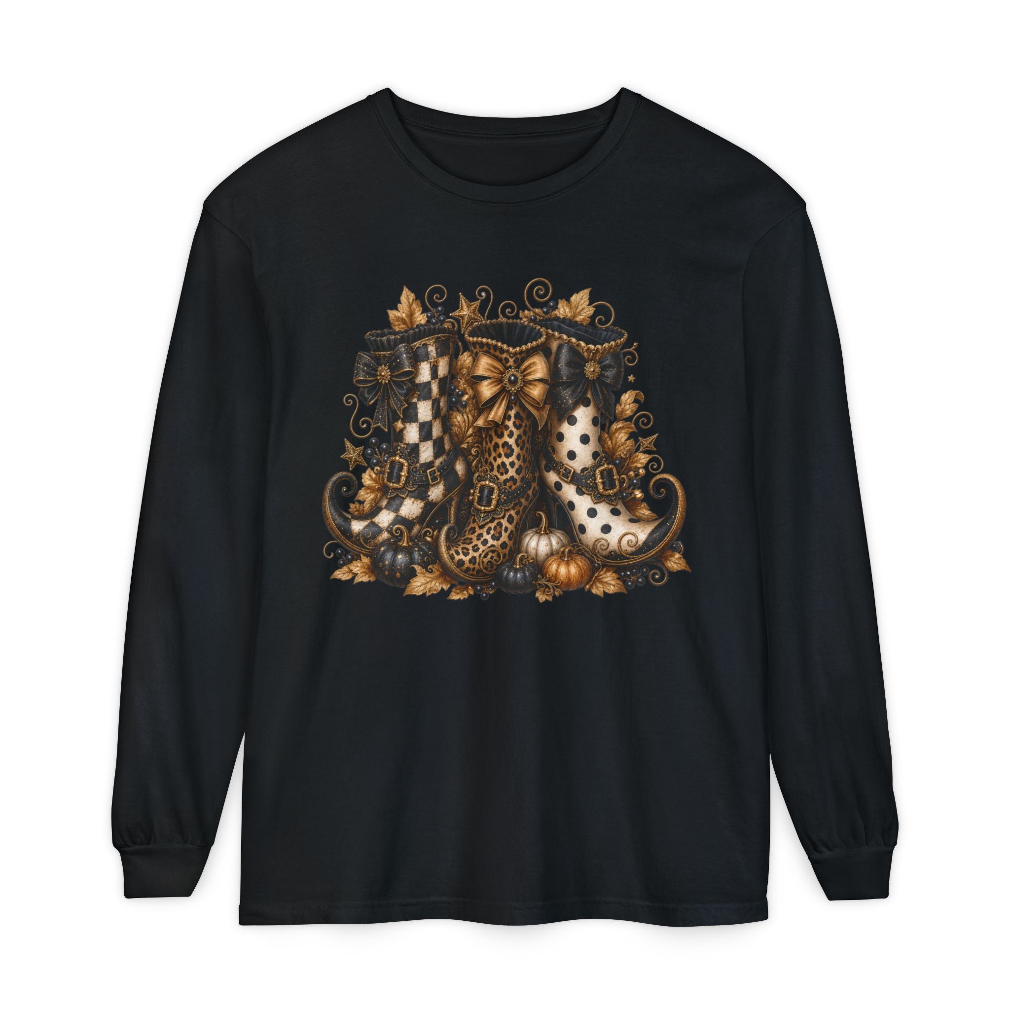 Halloween Witch Boots Long Sleeve T-Shirt — Vintage Spooky Pumpkin & Bows. Midnight Eye, LLC