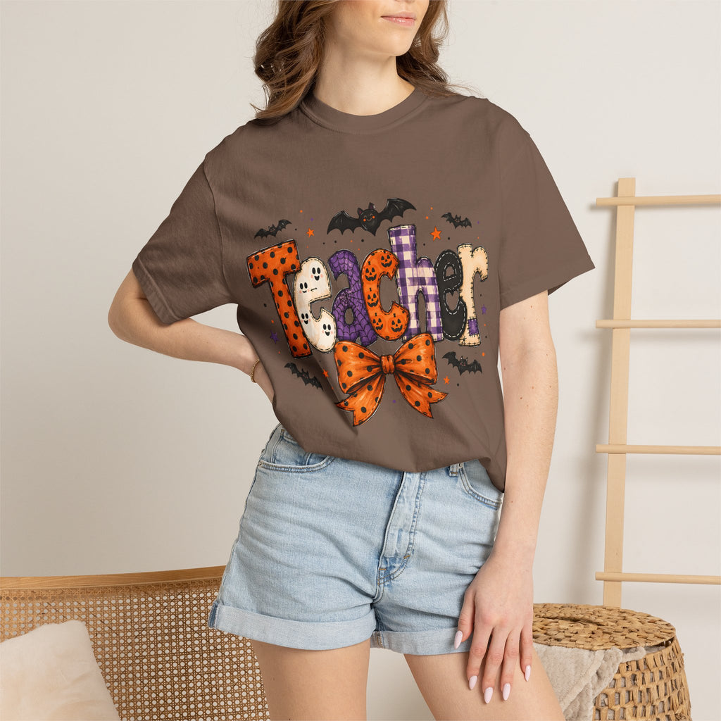 Teacher Halloween T-Shirt — Cute Spooky 'Teacher' Design with Bats & Bow