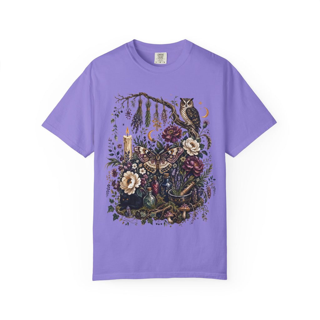 Mystical Forest Owl T-Shirt — Botanical Witchy Moonlight Art Tee, Midnight Eye, LLC