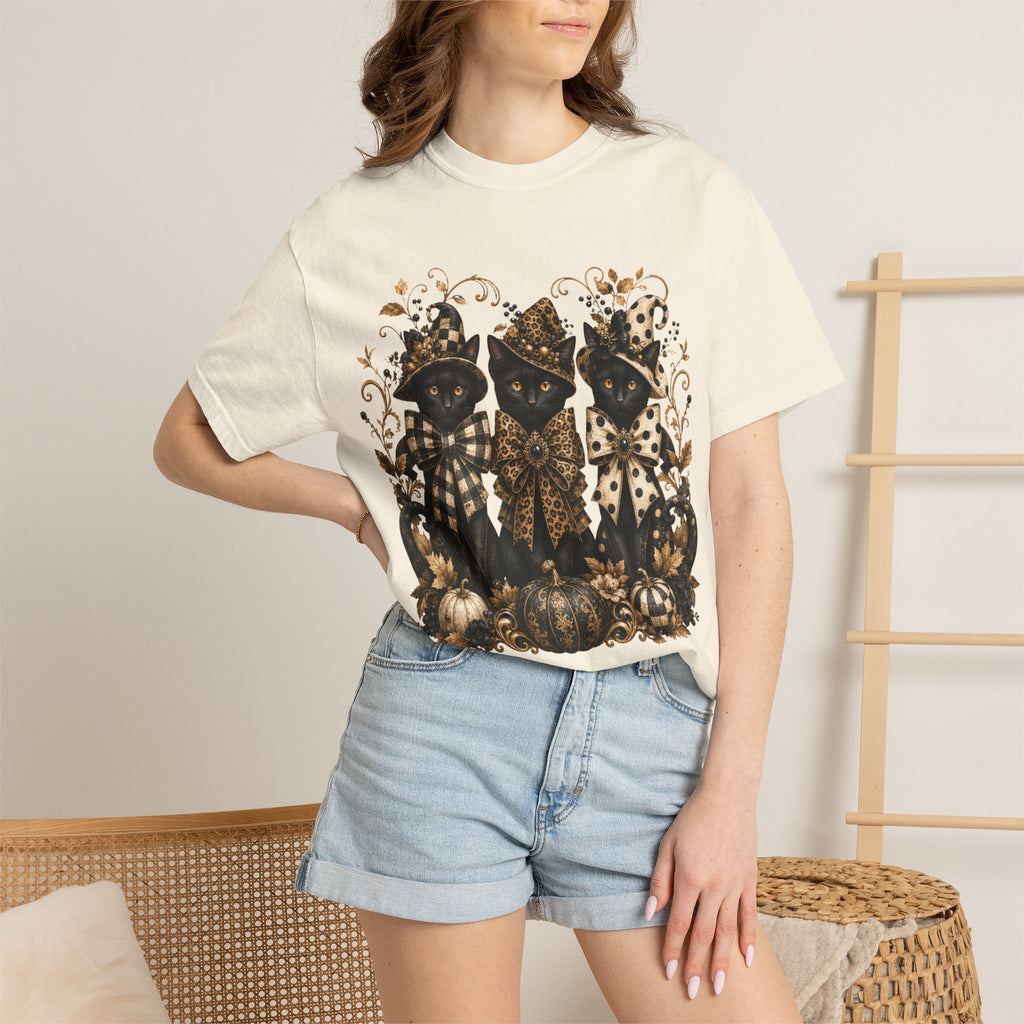Halloween Black Cats & Pumpkins T-Shirt — Autumn Spooky Vintage Tee. Midnight Eye, LLC