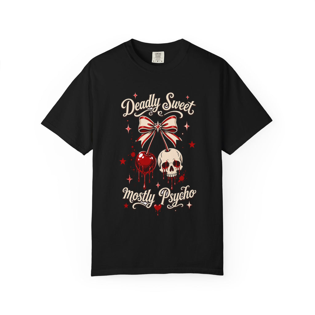 Deadly Sweet Mostly Psycho Graphic T-Shirt - Retro Tee. Midnight Eye, LLC