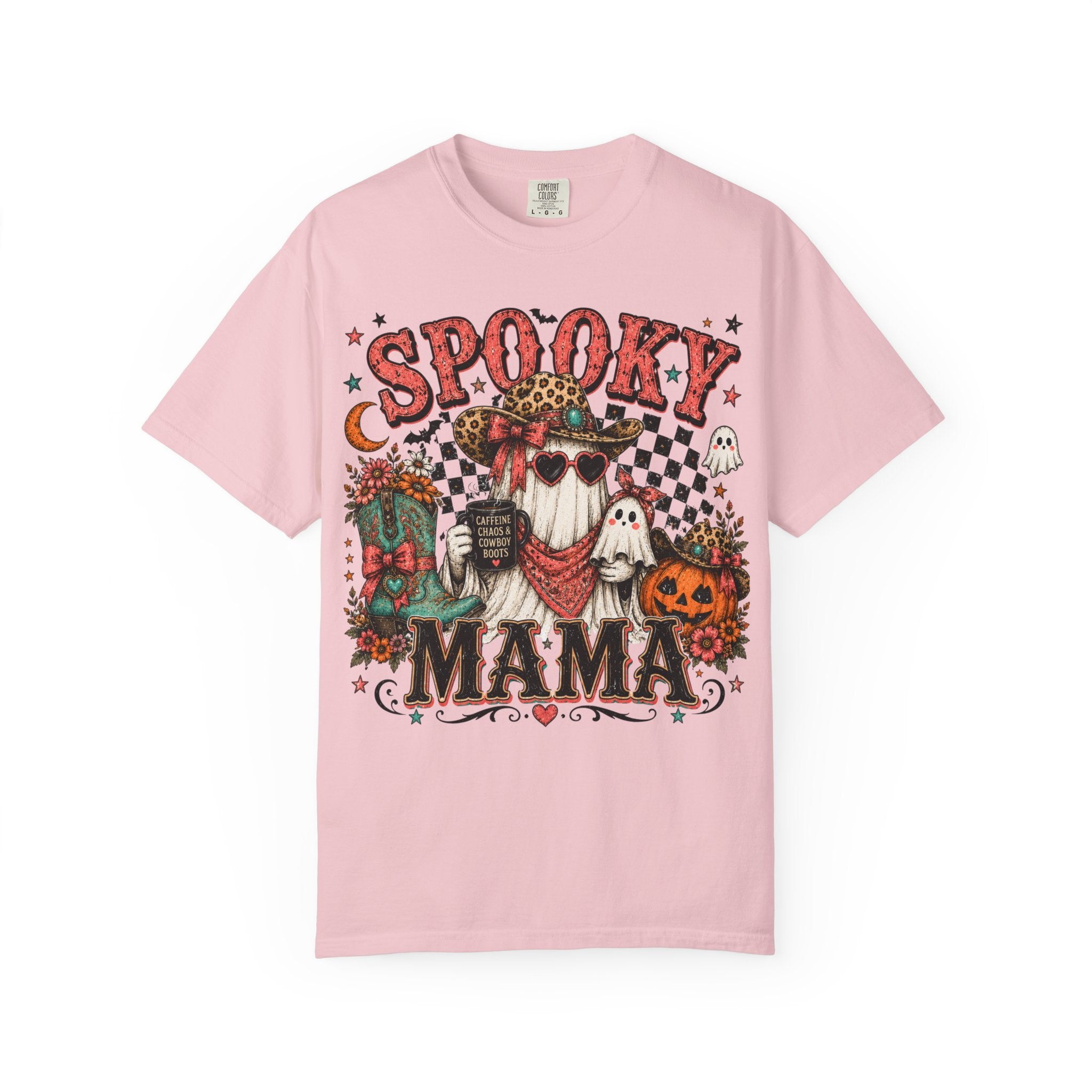 Spooky Mama T-Shirt — Vintage Halloween Ghosts & Pumpkin Graphic. Midnight Eye, LLC