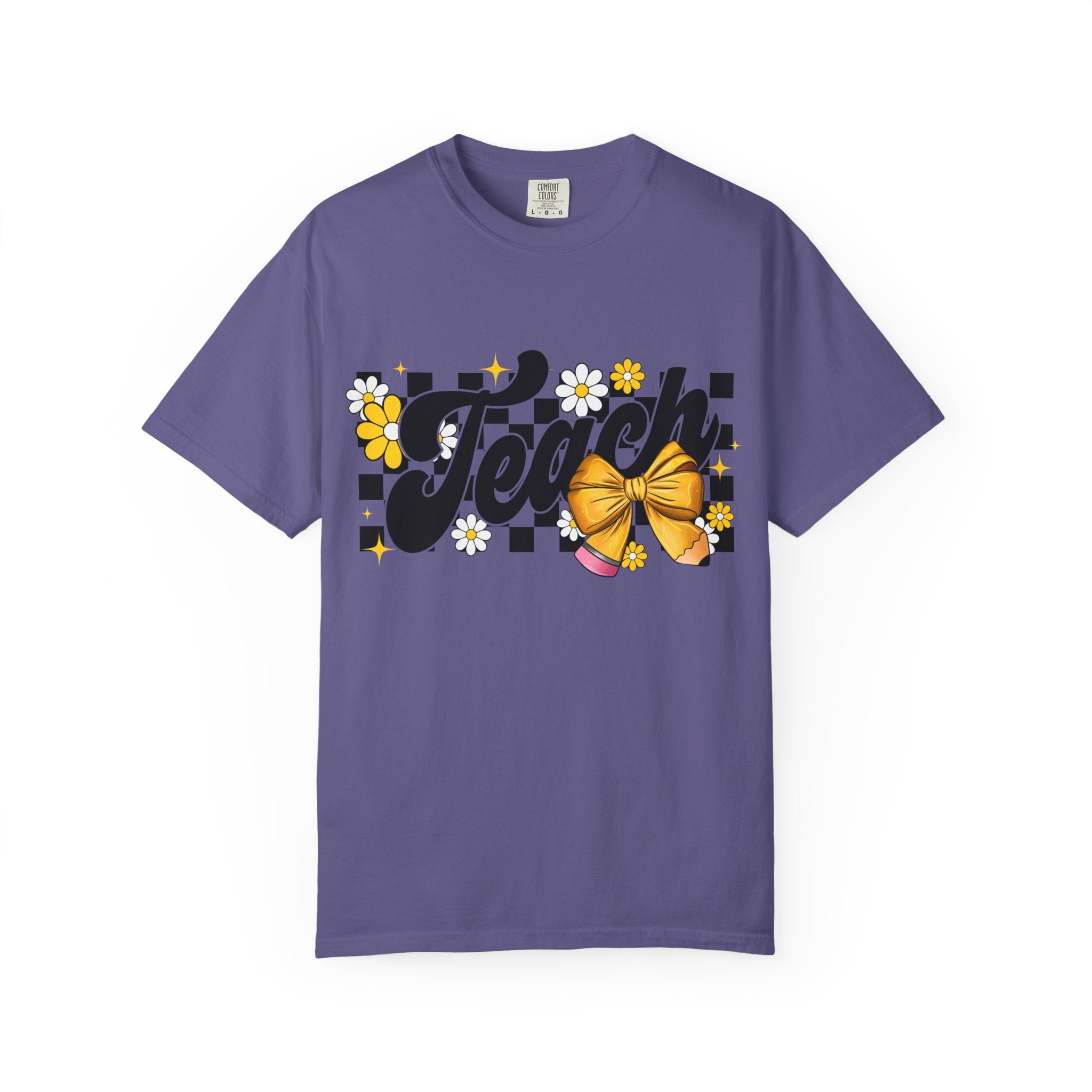 Teacher Floral Bow T-Shirt — 'Teach' Checkerboard Design