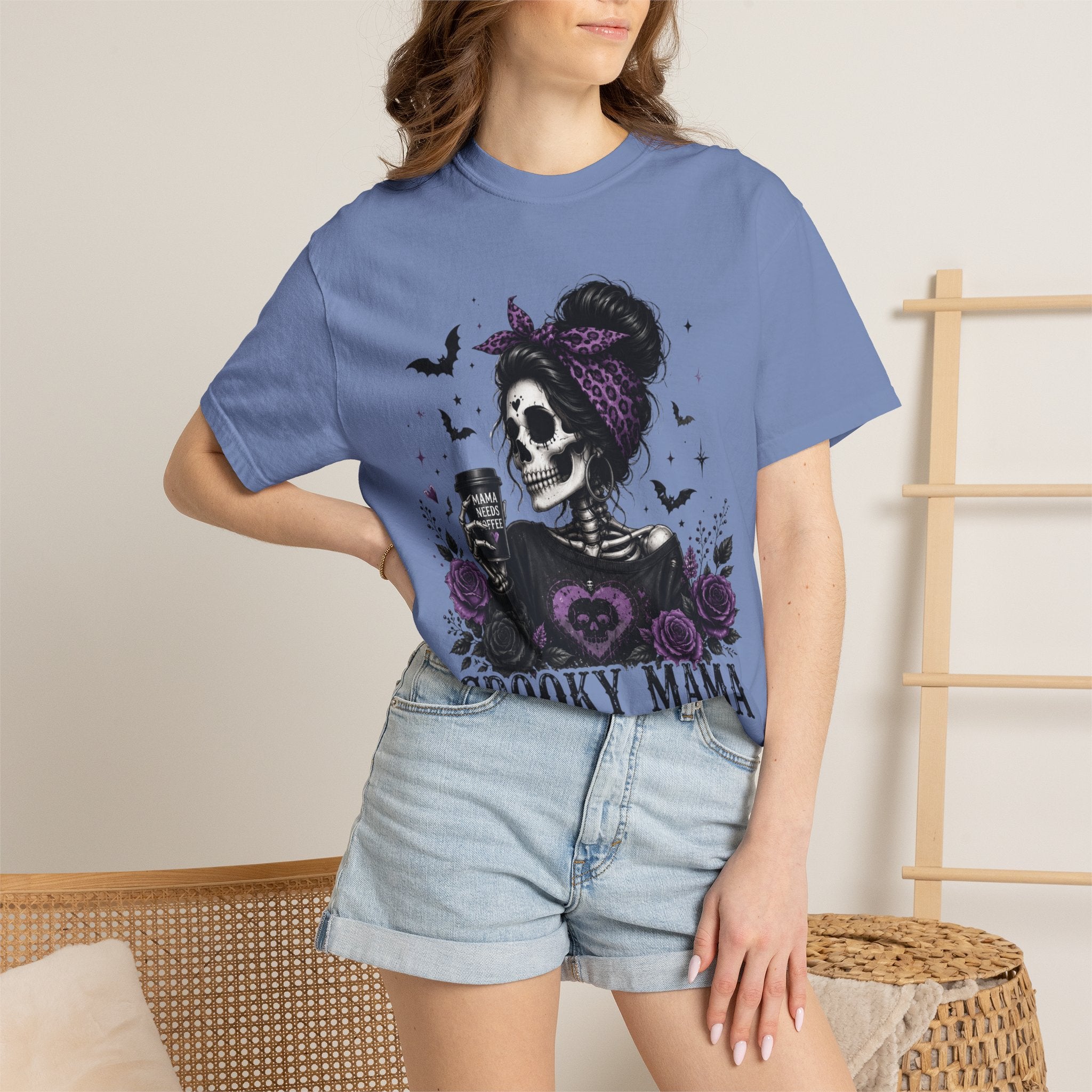 Spooky Mama T-Shirt — Gothic Skull  and Bats Mom Tee with Purple Roses. Midnight Eye, LLC. 