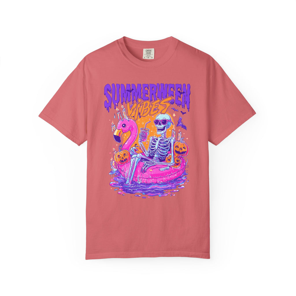 Summerween Vibes T-Shirt — Flamingo Pool Skeleton Halloween in Summer Tee - Midnight Eye, LLC
